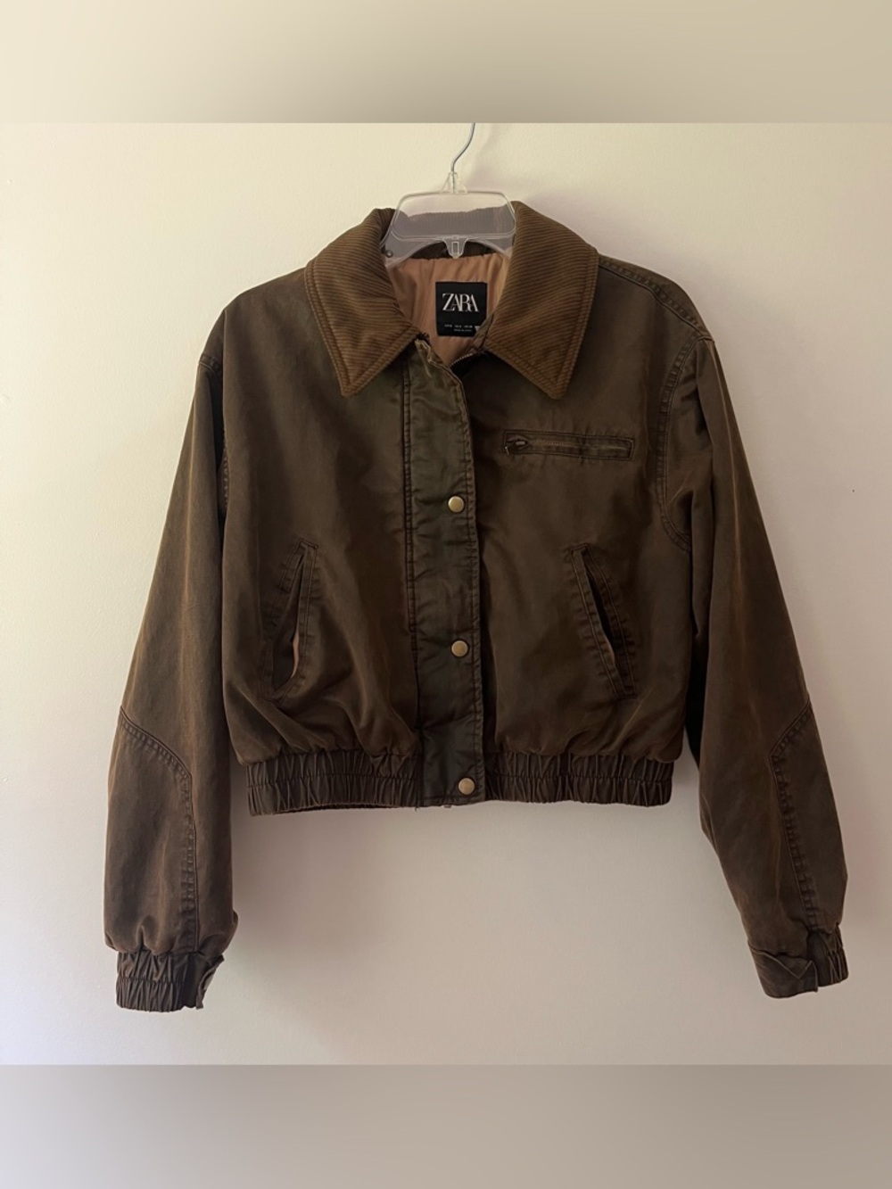 Zara Cropped Bomber Jacket Corduroy Collar Small Brown Aviator